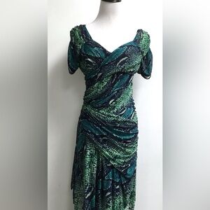 Diane Von Furstenberg snake blue black silk mesh ruched dress 6 short sleeve